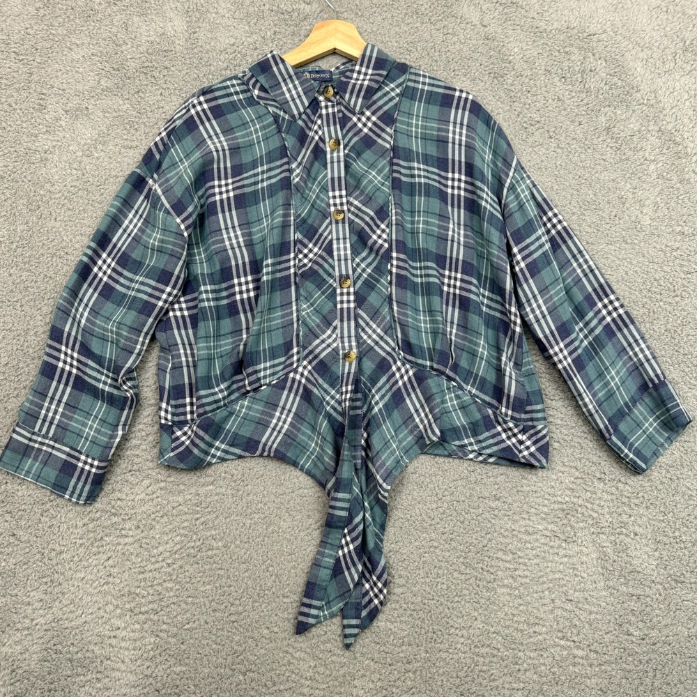 Democracy Shirt Womens Medium Blue Plaid Tie Waist‎ Gorpcore Earthy Rockabilly